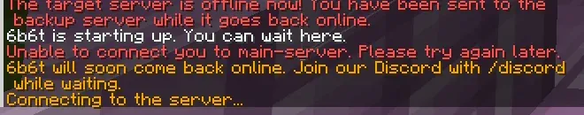 Minecraft chat lines saying the target server is offline, 6b6t is starting up and will soon come back online