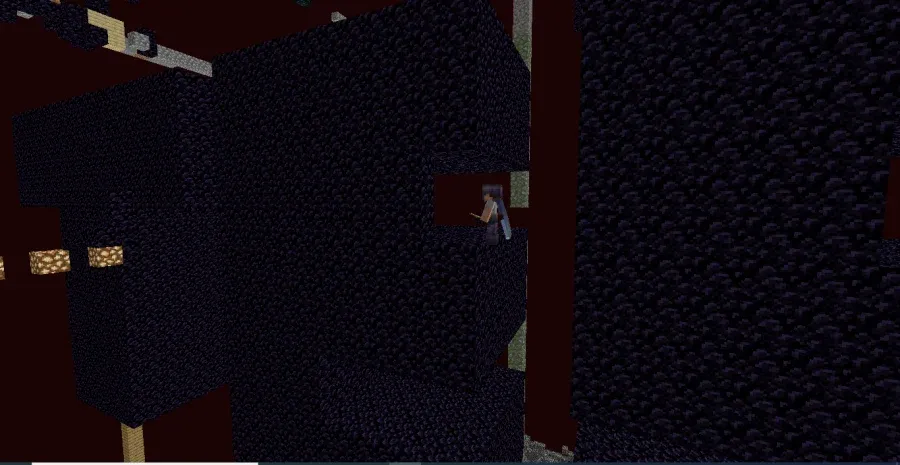 A minecraft player stands on a tesseract logo filling in the letter E by closing in a 3 block gap