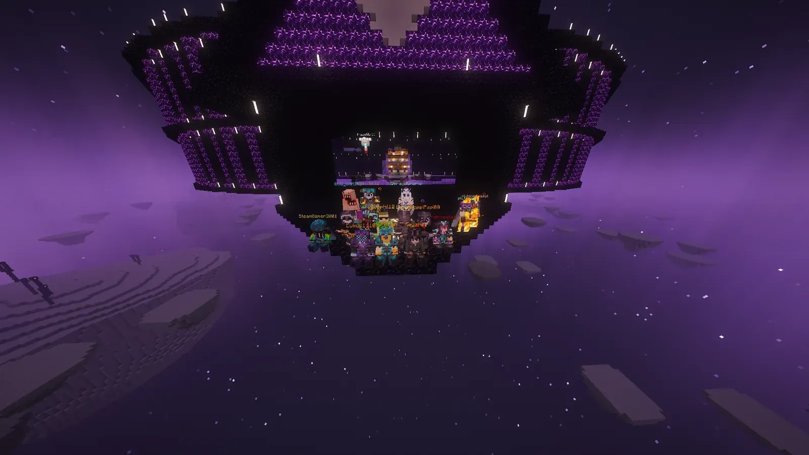 The Cosmical Arena, a dark round stage with purple lights floating in a purple sky, with a crowd of players inside it.