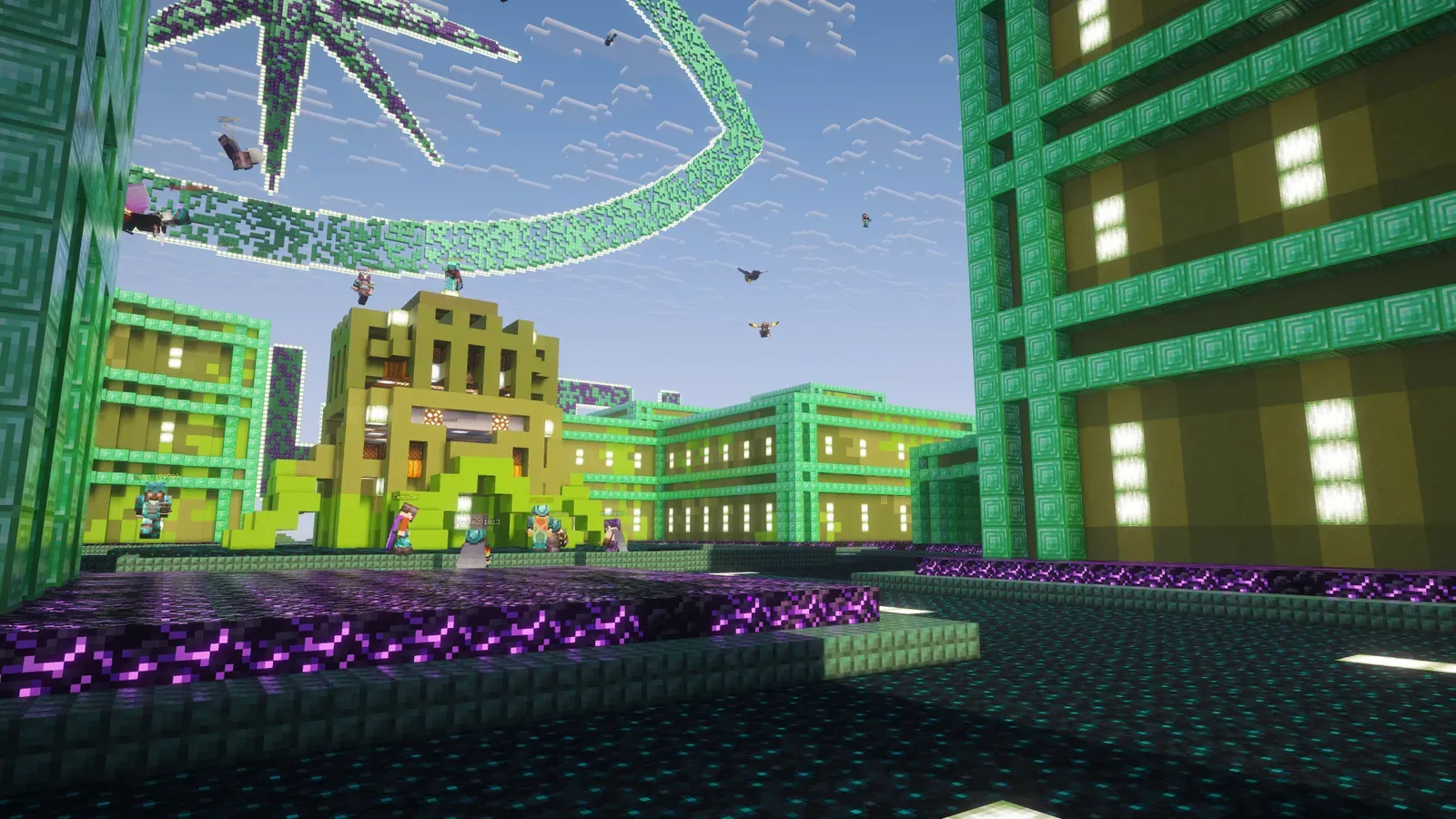 Emerald Town seen from the ground, green buildings and a purple glowing path under the giant CosmoWorld star sign.