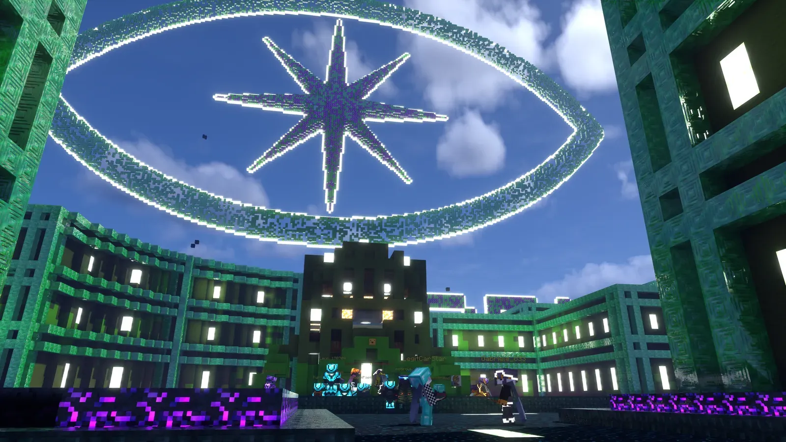 Players in diamond armor walking through Emerald Town, between green buildings with lit windows, under a giant CosmoWorld sign.
