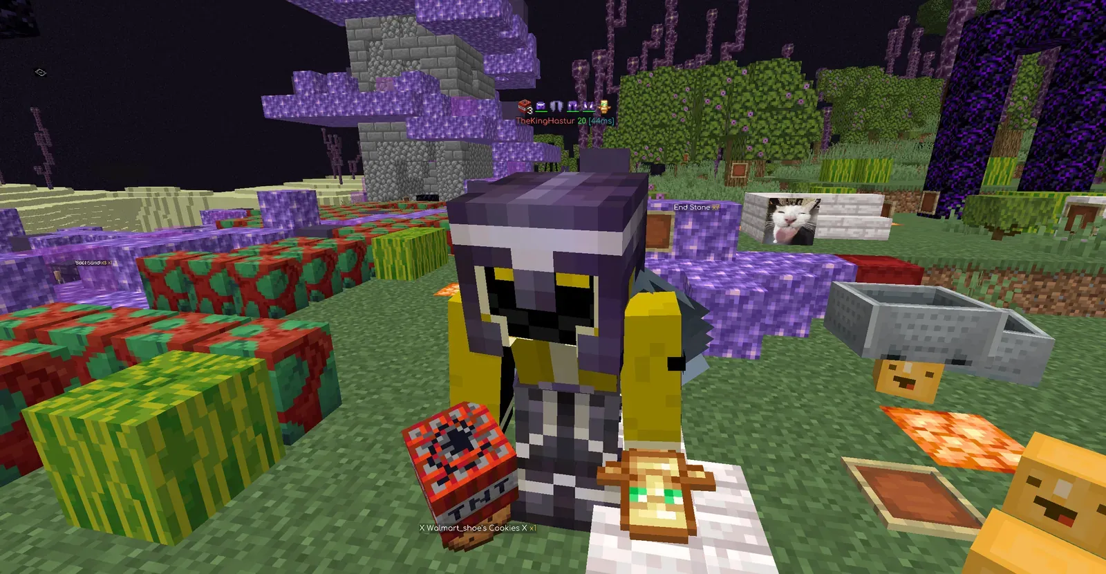 Hastur, a 6b6t Discord moderator, in yellow and purple armor holding a block of TNT, given to him as a joke on CosmoWorld night 2.