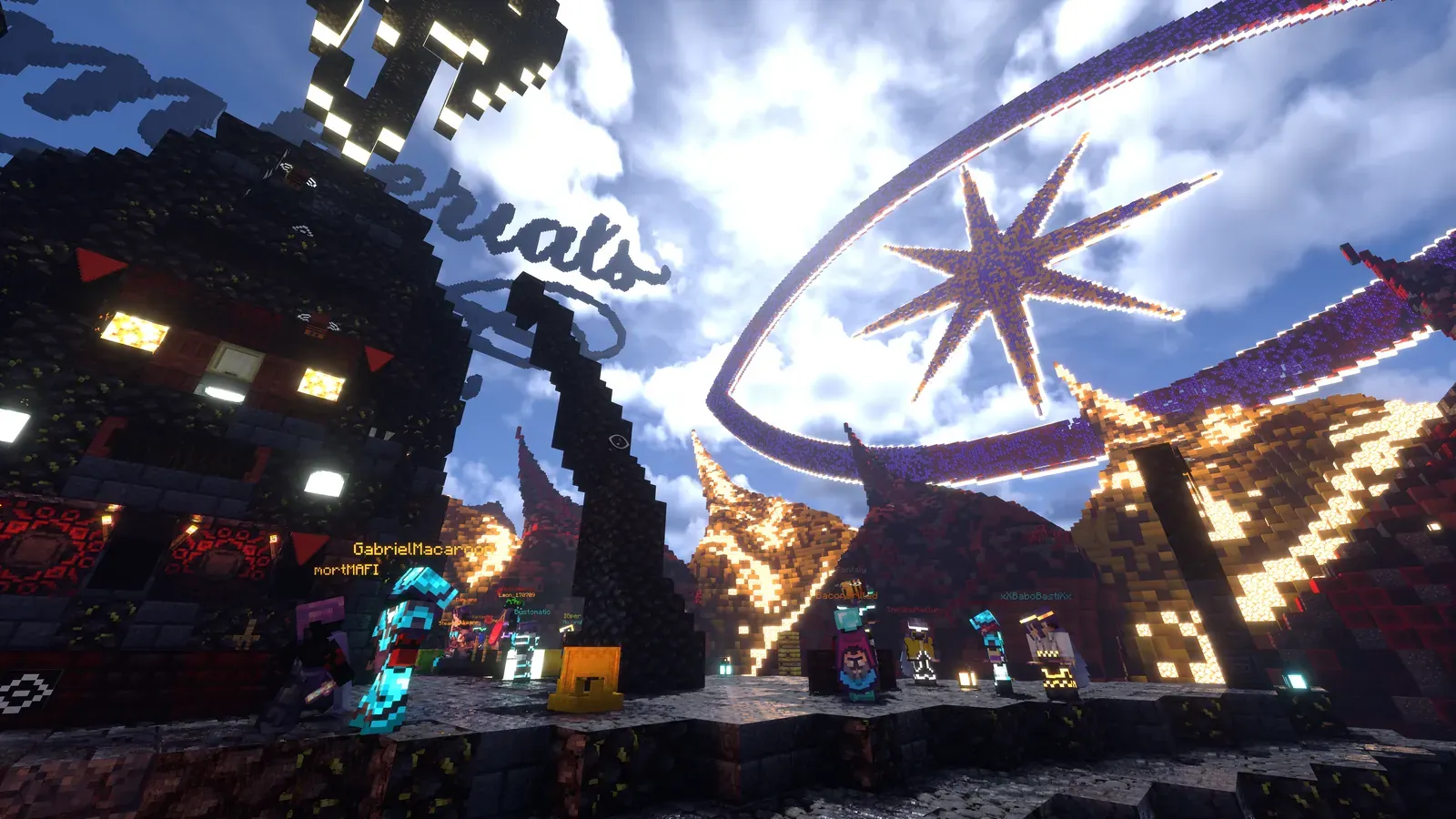 Players gathered at the Imperial Atrium on the last night of CosmoWorld, under a glowing purple and gold star sign.