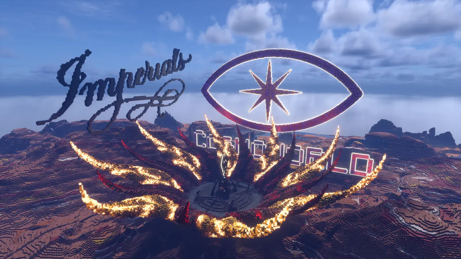 The Imperial Atrium on 6b6t, a stage with glowing orange spikes on a hill, under giant Imperials and CosmoWorld signs.