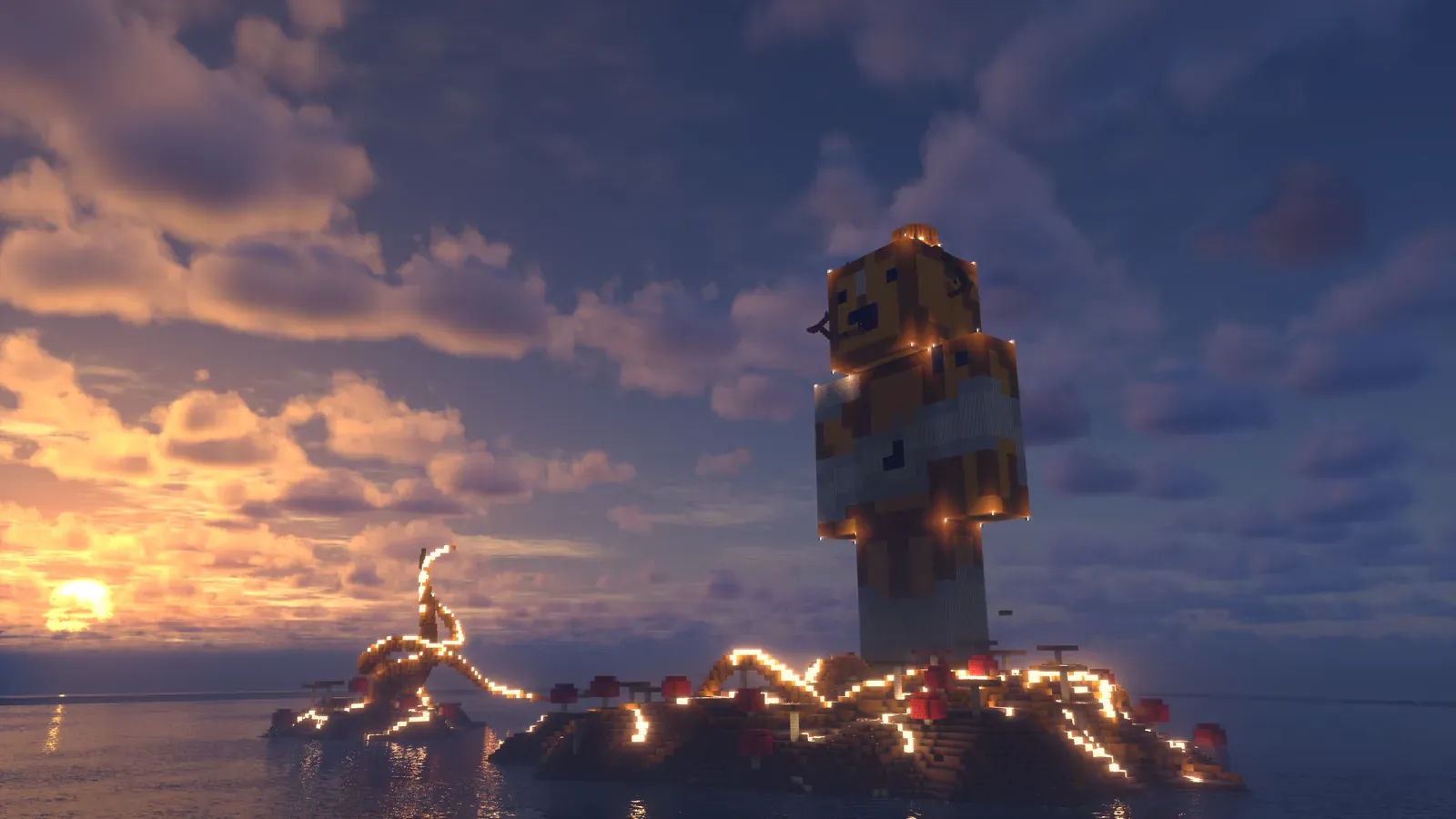 A giant blocky statue of the player Kyr0Zen standing on a small glowing island in the sea at sunset, on 6b6t.