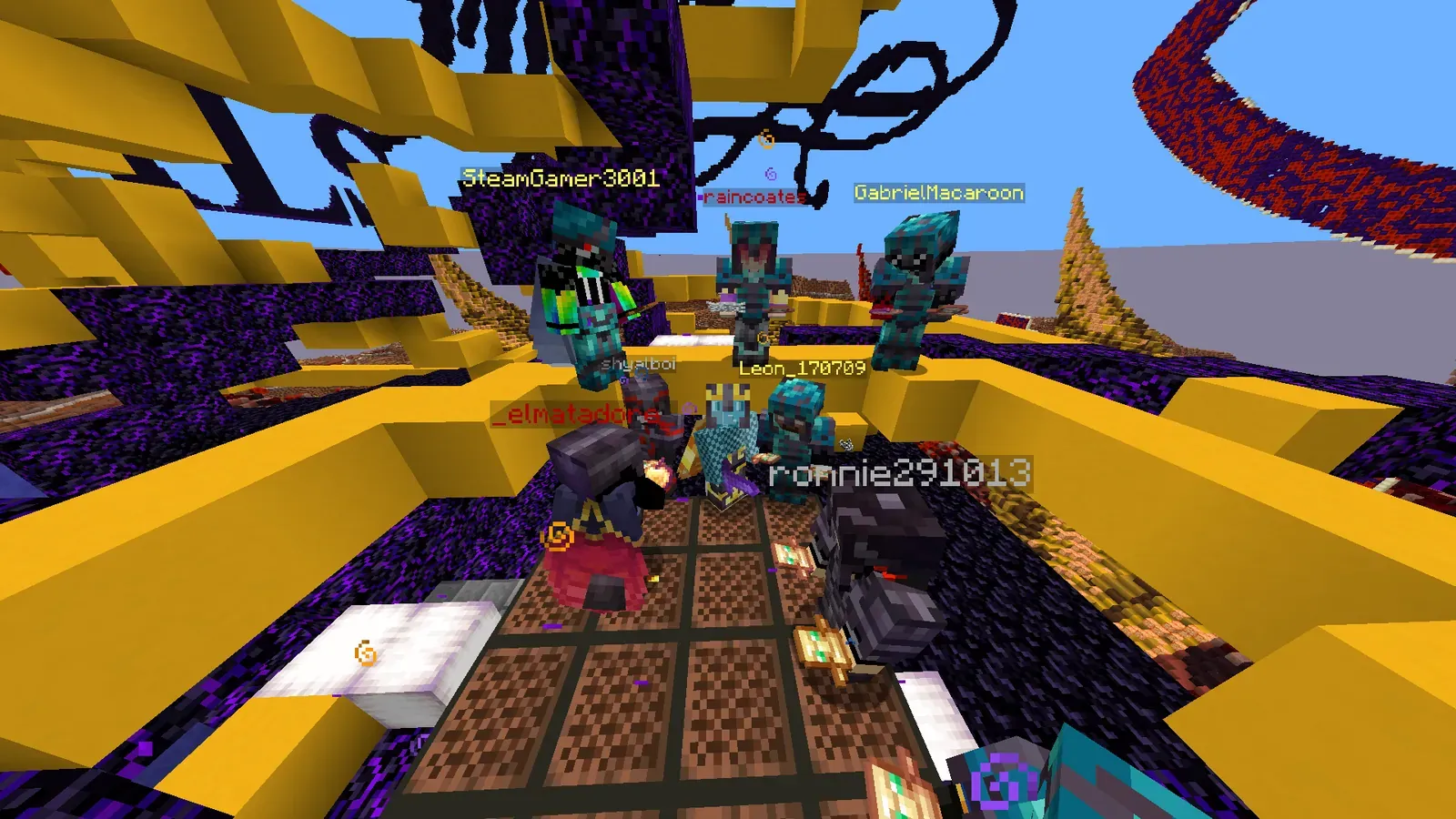 A group of 6b6t players in diamond armor standing on a floor of brown note blocks, between yellow and black walls.