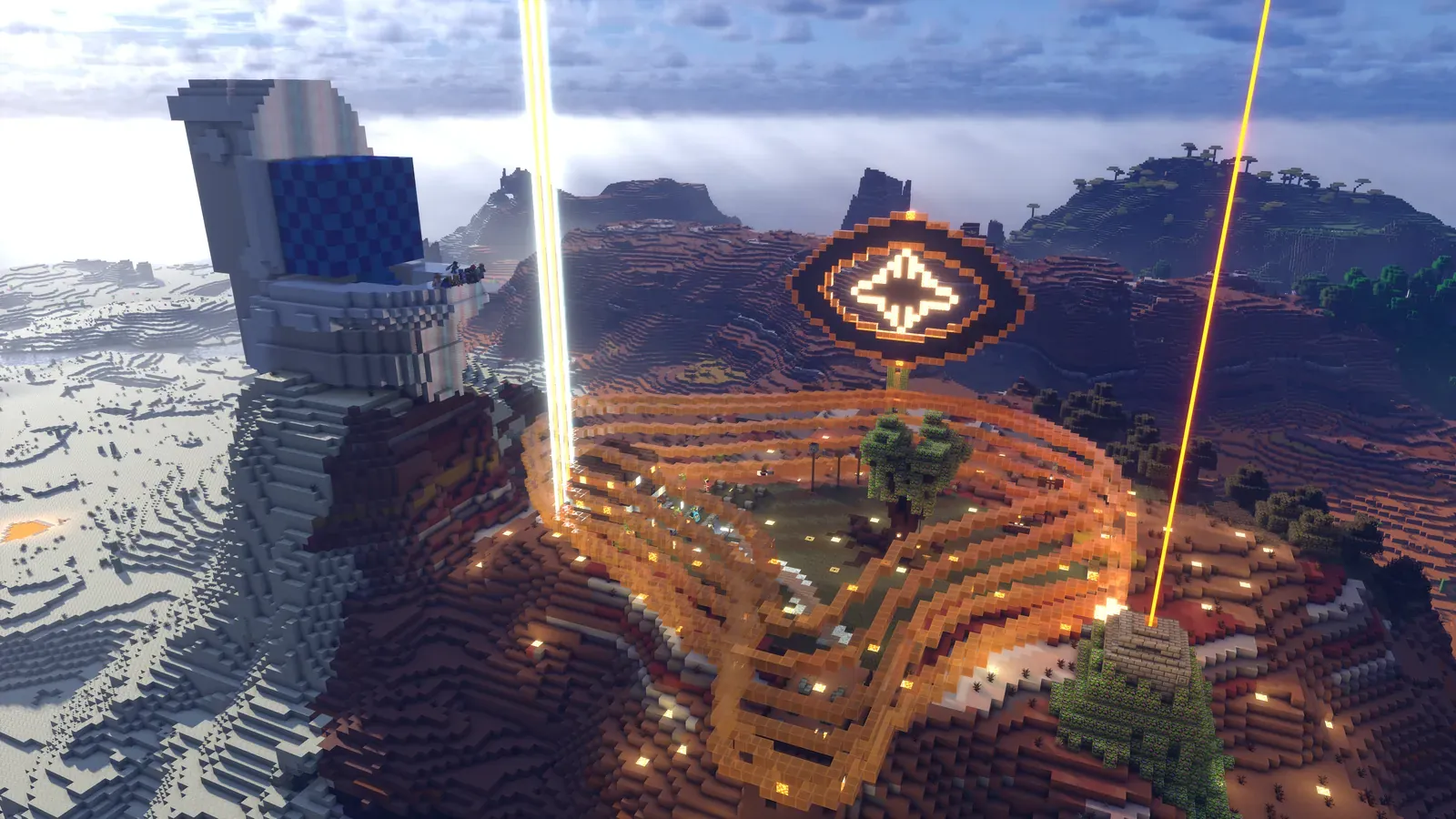 Orange Oasis from above, a glowing orange stage on a hill with two light beams and a tall white tower beside it.
