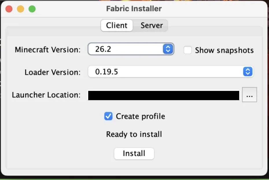Fabric Installer on macOS with Minecraft Version set to 26.2, Create profile ticked and the Install button