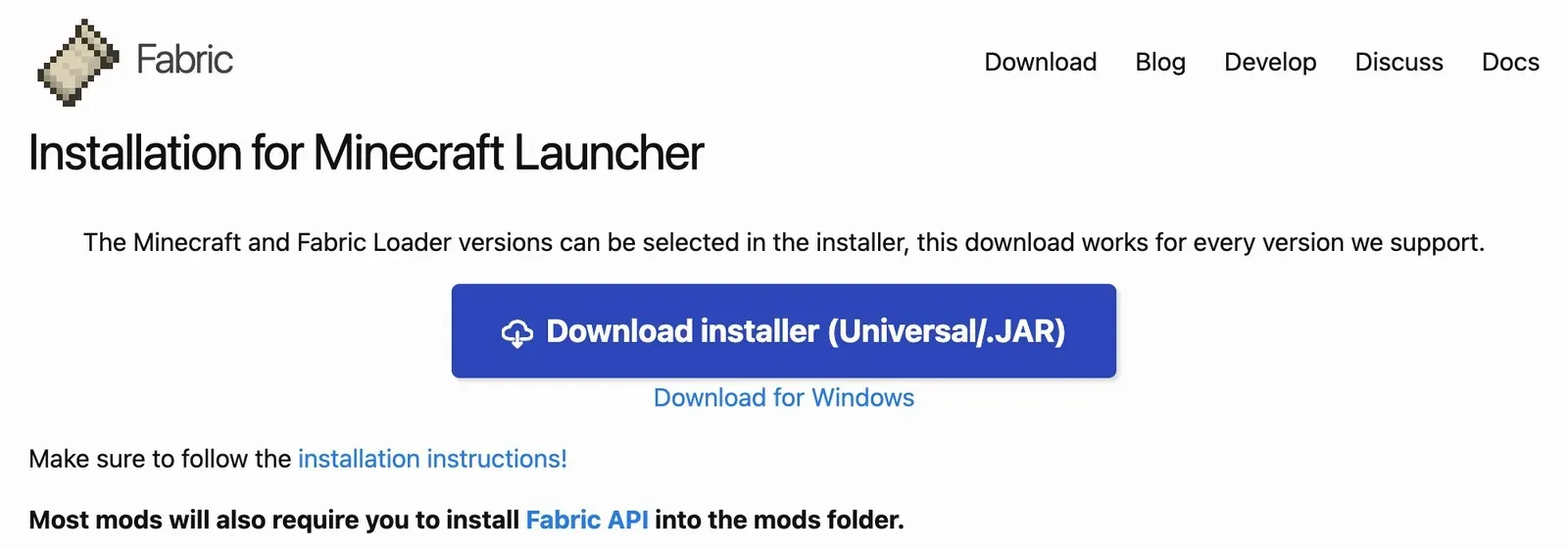 The Fabric download page on a Mac, with the Download installer (Universal/.JAR) button and the Download for Windows link under it