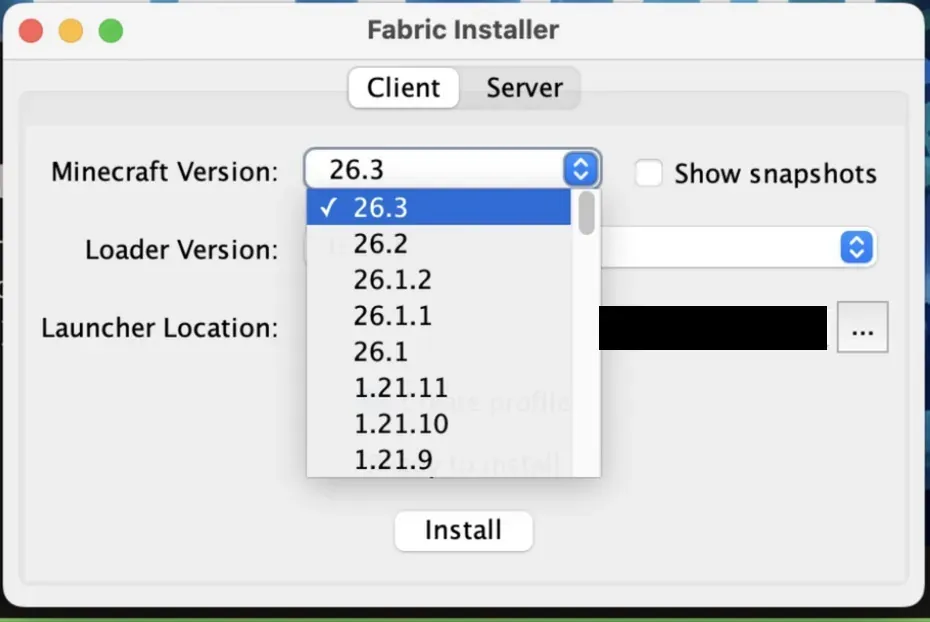 The Minecraft Version list open in Fabric Installer, with 26.3 ticked at the top and 26.2 right below it