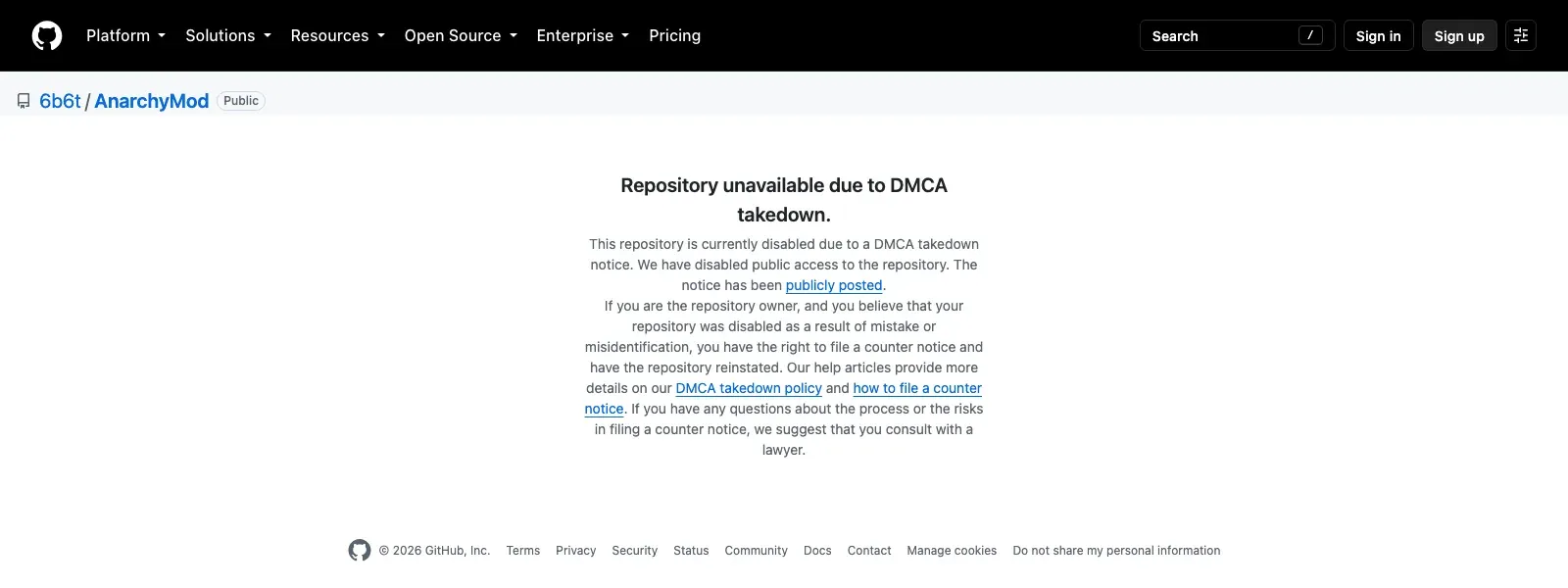 GitHub page for 6b6t/AnarchyMod reading Repository unavailable due to DMCA takedown, with a note about filing a counter notice