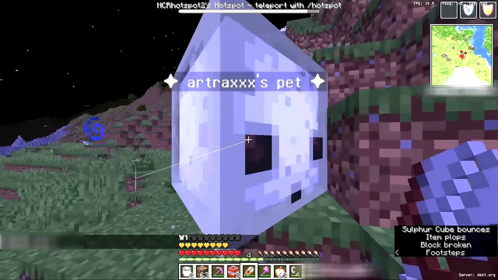 A name-tagged sulphur cube on 6b6t glowing pale after the TNT inside it vanished, stuck primed and impossible to kill