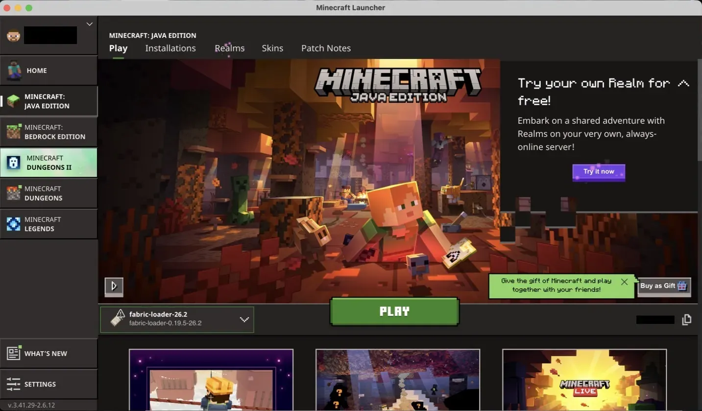 The Minecraft Launcher on macOS with the fabric-loader-26.2 profile picked in the list next to the Play button