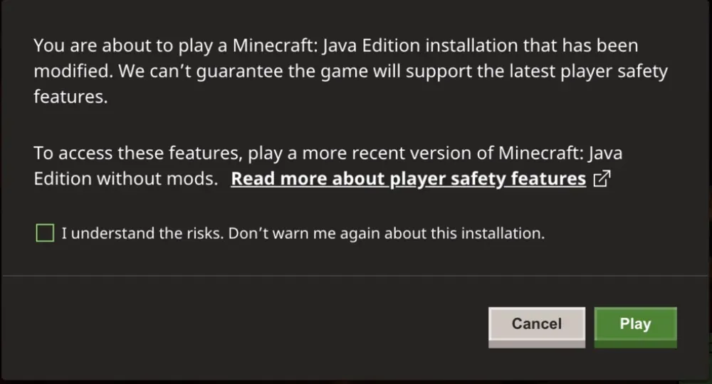 Minecraft Launcher warning about playing a modified Java Edition installation, with a checkbox and the Play button