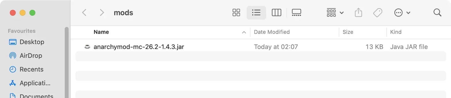 The Minecraft mods folder in Finder on macOS with the file anarchymod-mc-26.2-1.4.3.jar inside, 13 KB in size