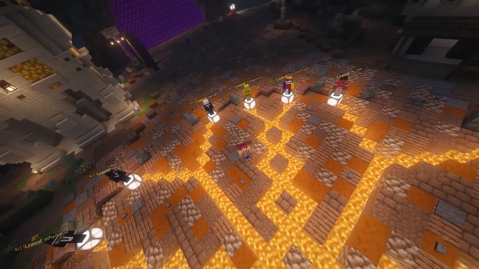 Statues of Legend players on lit pedestals in 6b6t's lobby at night, on brown and orange blocks with glowing lines.