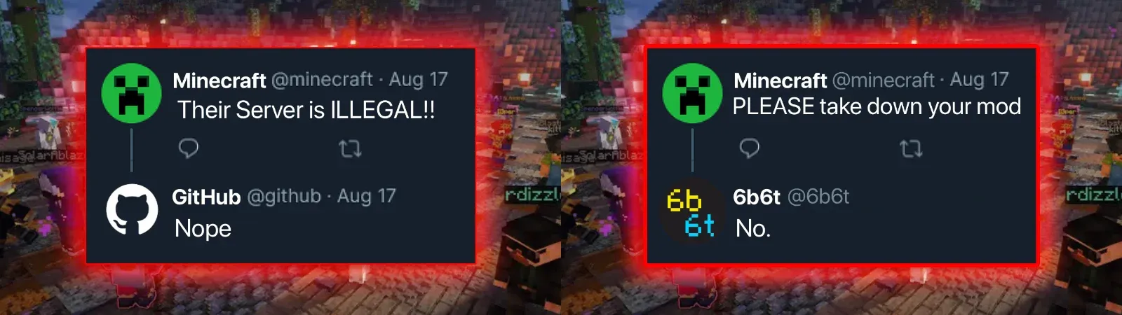 Two thumbnails for raincoates's video: a fake Minecraft post answered by GitHub, and the published one answered by 6b6t.