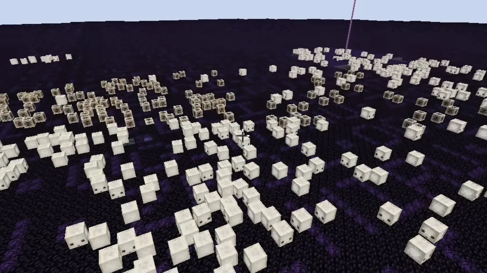 Aerial view of hundreds of white and magma-filled sulfur cubes spread across an obsidian floor at 6b6t spawn