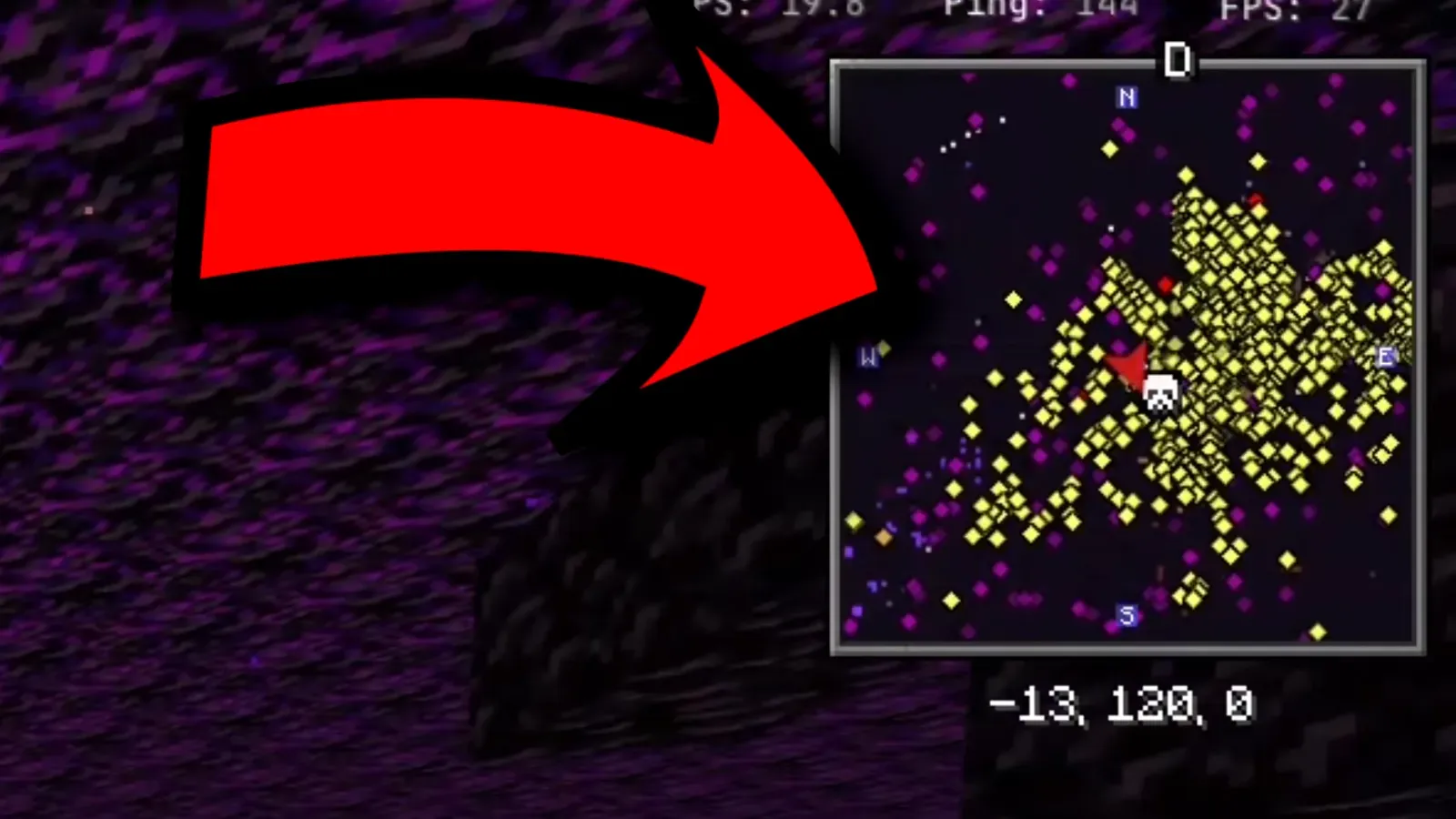 Minimap at Nether spawn on 6b6t covered in yellow dots, each one an unkillable sulfur cube, at coordinates -13, 120, 0