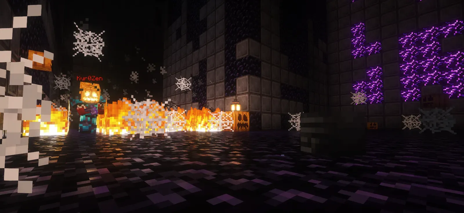 Kyr0Zen in a pumpkin head standing in a dark corridor full of cobwebs, fire and jack-o'-lanterns