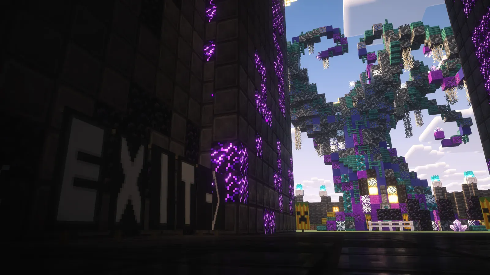 A big EXIT sign on a dark maze wall, with a twisted purple and teal Halloween tree outside the opening