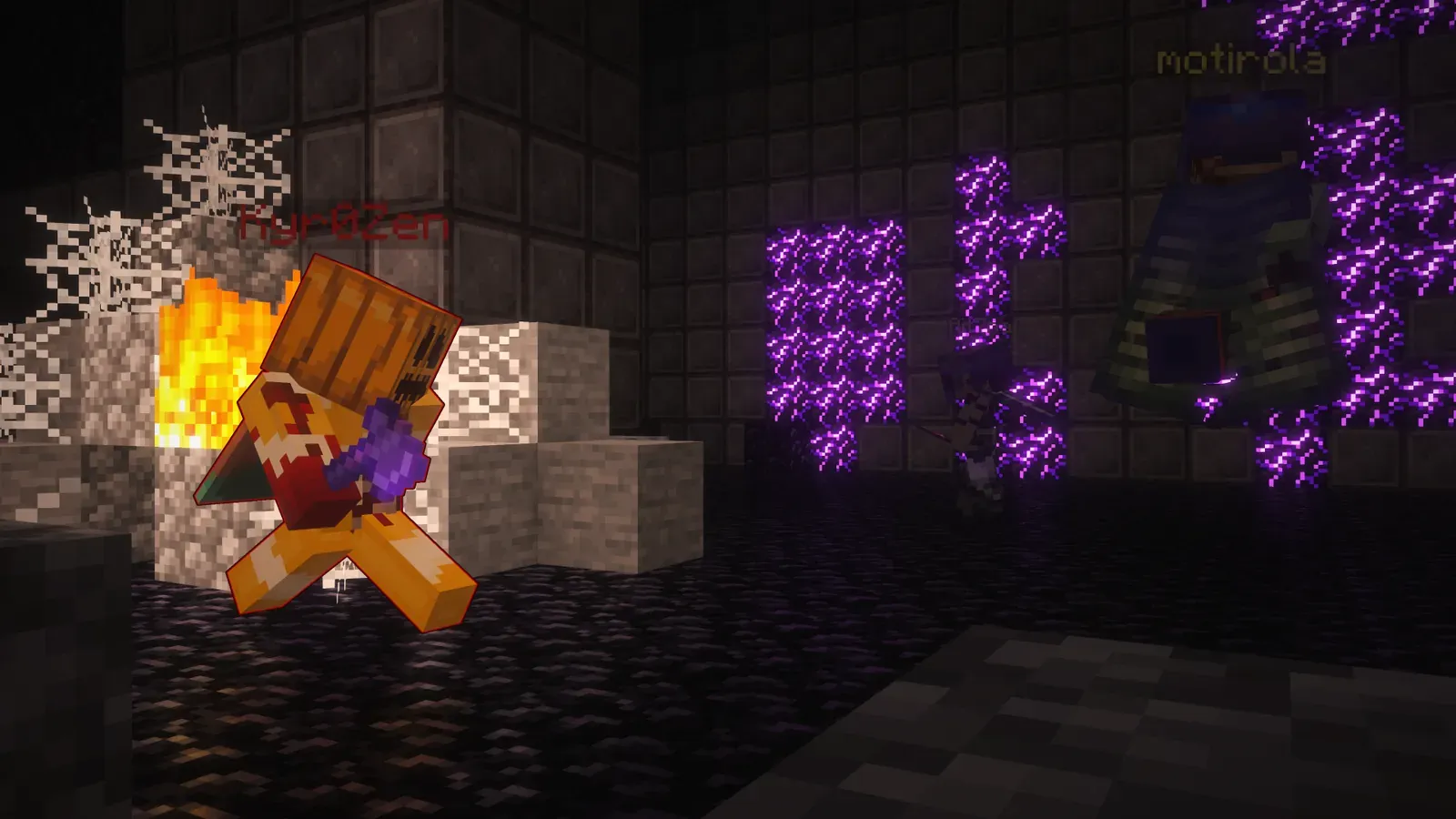 Kyr0Zen in a pumpkin head and orange armour crouching by a fire and cobwebs in a dark corridor of the 2026 maze