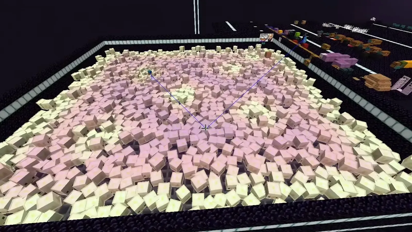 Thousands of pale yellow and pink sulfur cubes packed edge to edge inside a fenced area on an obsidian floor