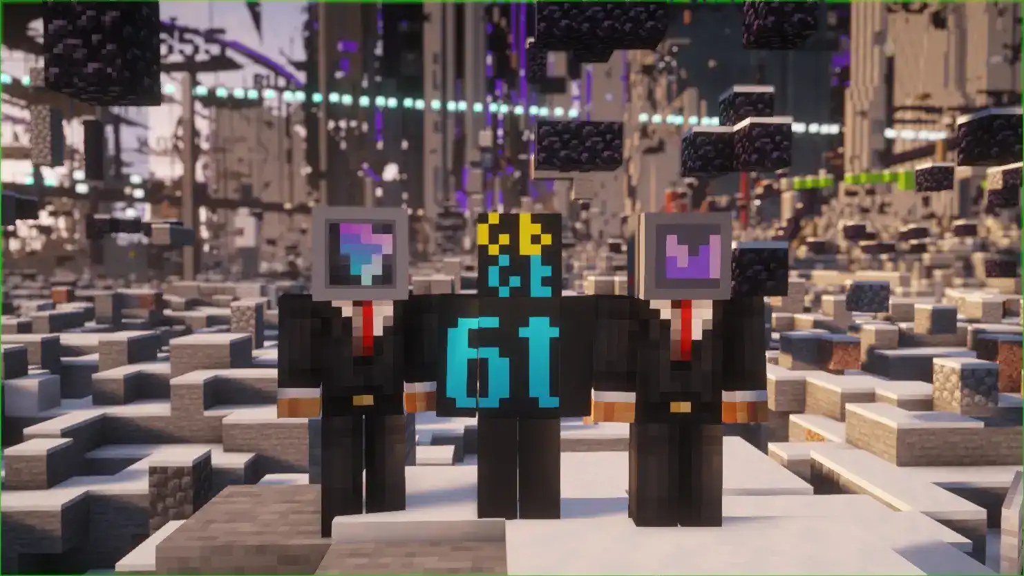 6b6t Minecraft player with Proton logos at a ruined anarchy spawn.