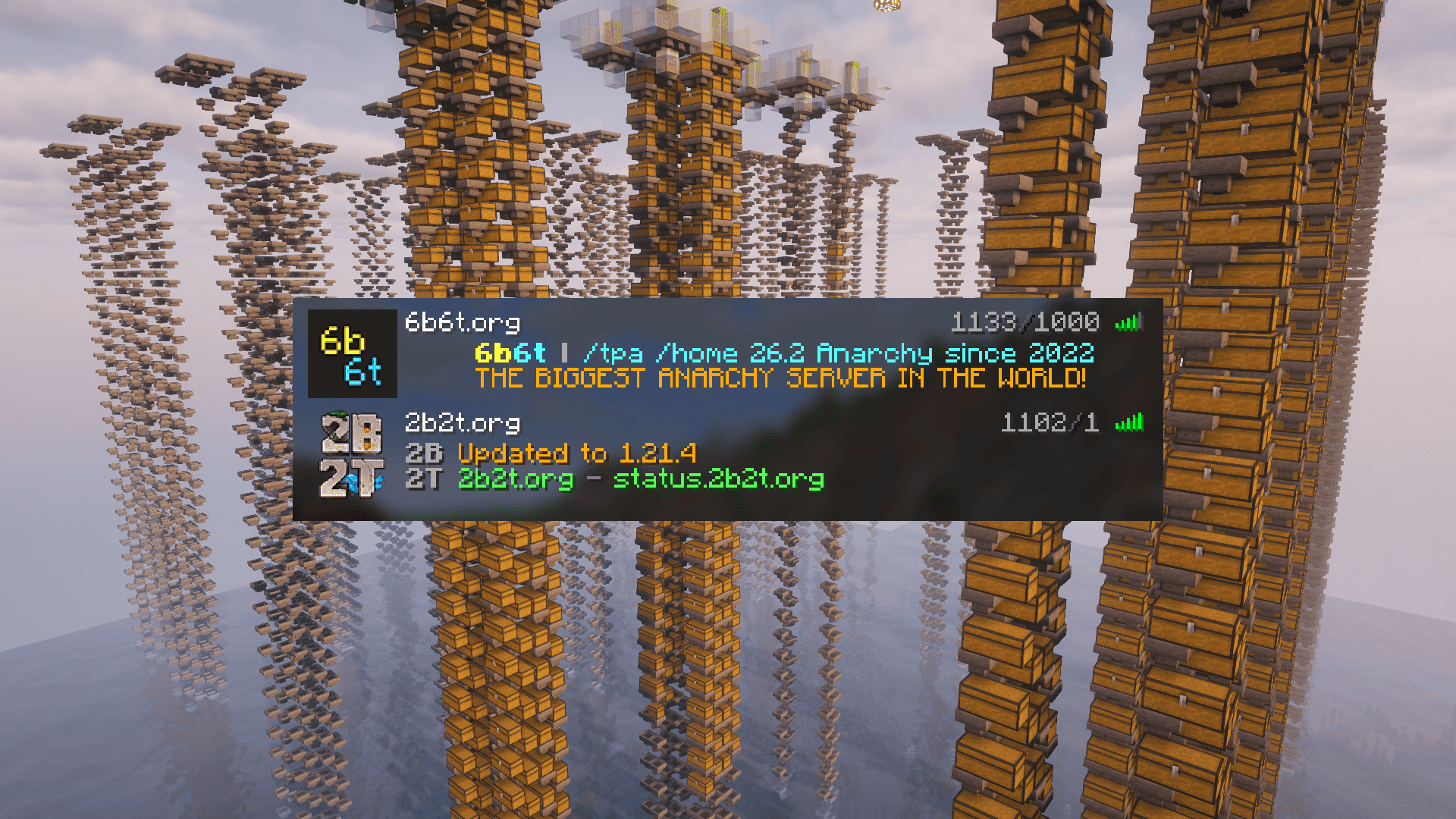 A 6b6t dupe stash with tall chest towers behind a Minecraft server list showing 1,130 players on 6b6t and 1,102 on 2b2t.