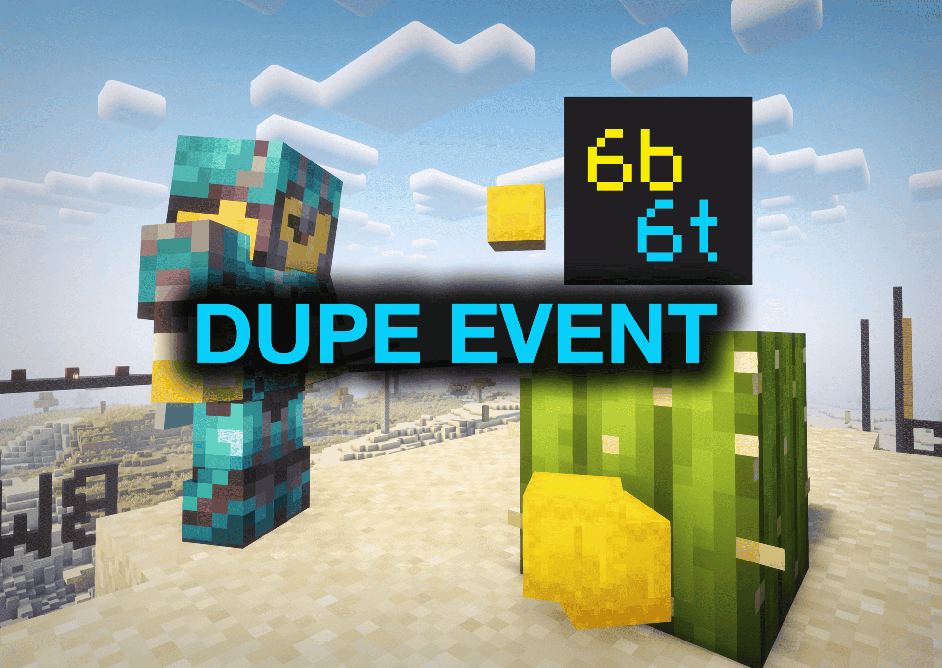 A Minecraft player in diamond armor beside shulker boxes, with the 6b6t logo and the words “Dupe Event.”