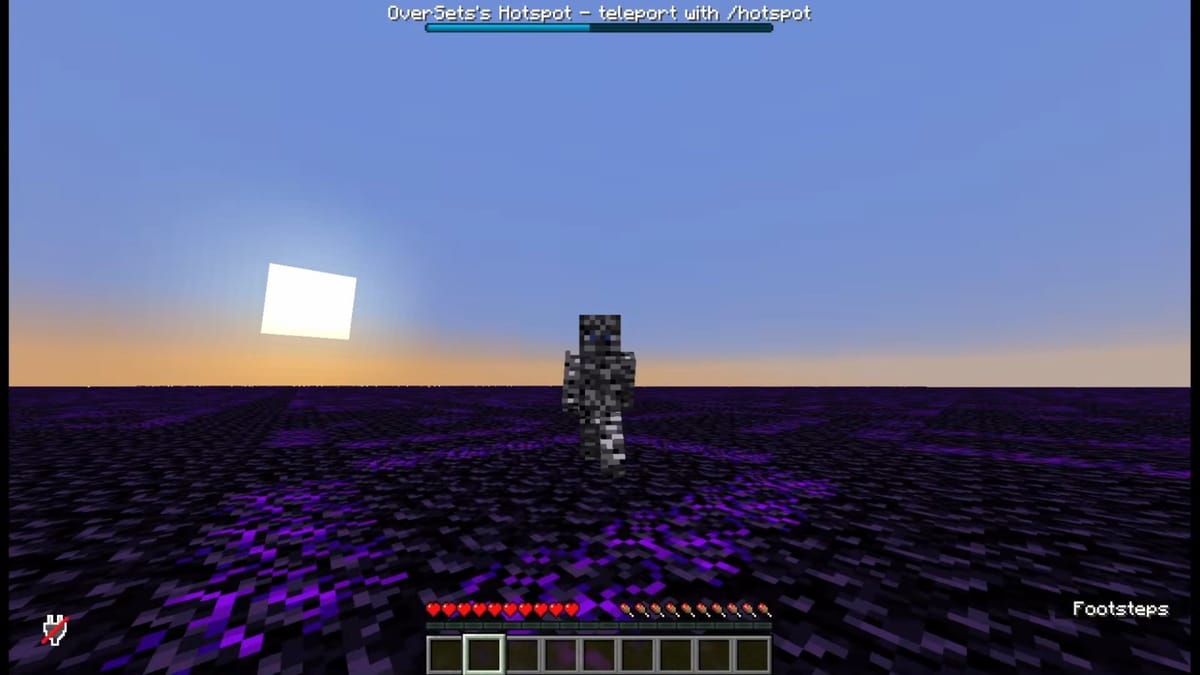 Nerd Enough For You's bedrock-textured camouflage skin standing on the obsidian around 6b6t's spawn at sunset.