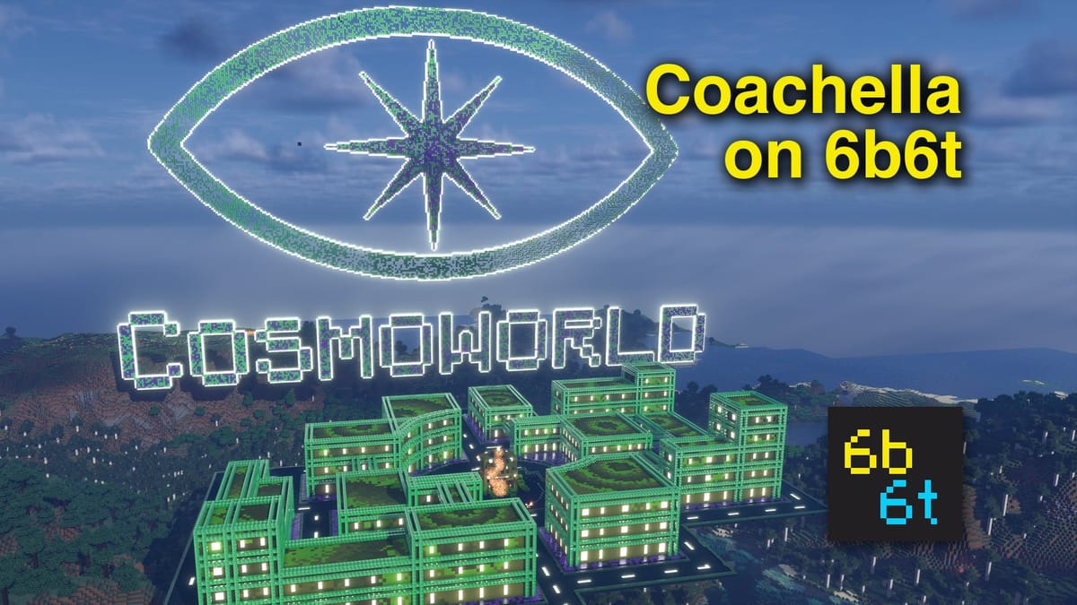 Emerald Town on 6b6t, green buildings under a giant glowing CosmoWorld sign, with the words Coachella on 6b6t and the 6b6t logo.