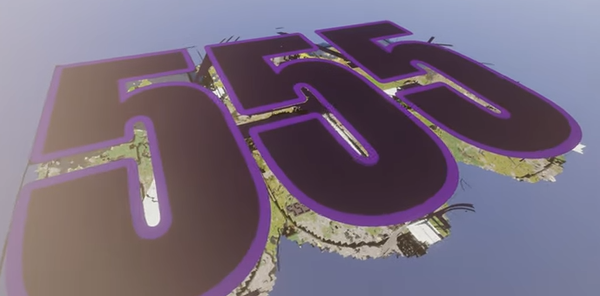 An angled shot of the 555 logo using shaders and a mod which extends the render distance