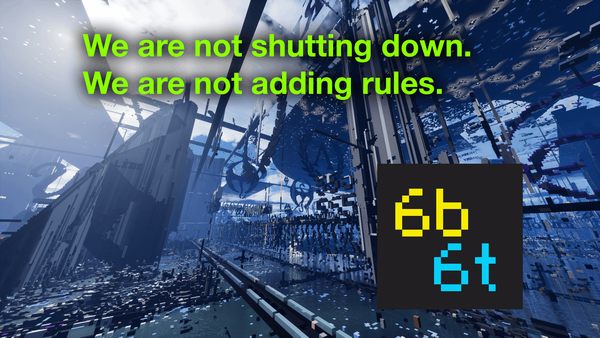 Feature image showing 6b6t spawn with text saying we are not shutting down and we are not adding rules