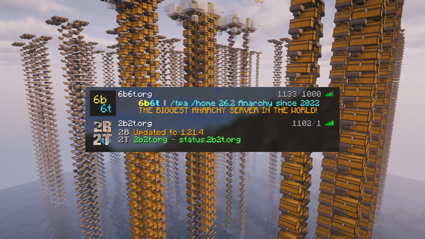 A 6b6t dupe stash with tall chest towers behind a Minecraft server list showing 1,130 players on 6b6t and 1,102 on 2b2t.