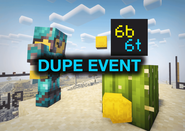 A Minecraft player in diamond armor beside shulker boxes, with the 6b6t logo and the words “Dupe Event.”