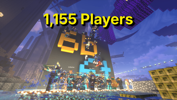 Dozens of 6b6t players standing in front of a yellow and cyan 6b6t logo build, with 1,155 Players written across the top.