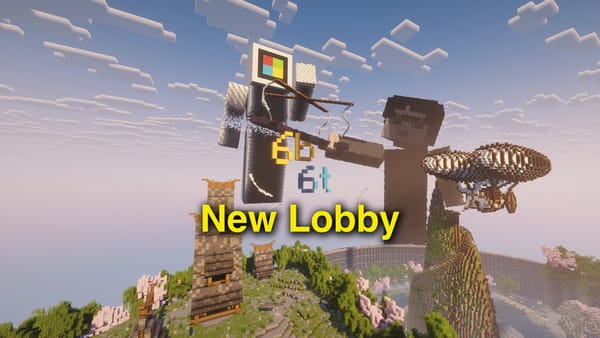 The words New Lobby in yellow under the 6b6t logo, between a statue of qbasty with a sword and a Microsoft robot above the lobby