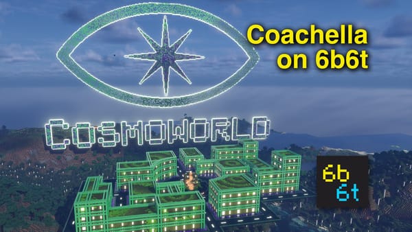 Emerald Town on 6b6t, green buildings under a giant glowing CosmoWorld sign, with the words Coachella on 6b6t and the 6b6t logo.