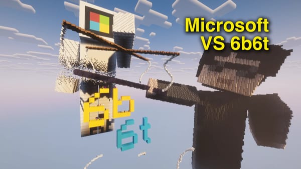 The words Microsoft VS 6b6t in yellow over the lobby statue of qbasty cutting a robot with the Microsoft logo for a head in half