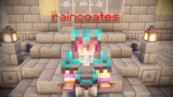 raincoates's Minecraft skin, with pink hair and teal clothes, sitting in a sandstone room under his red nametag.