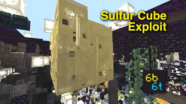 The Giga Cube, a huge block of sulfur cubes under a blue sky on 6b6t, with the words Sulfur Cube Exploit and the 6b6t logo